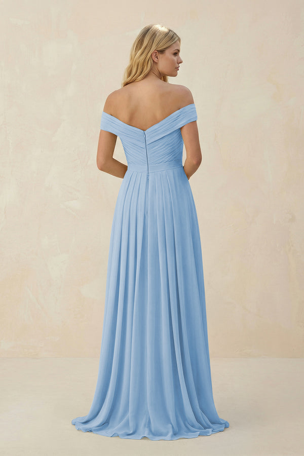 Steel Blue Off-the-Shoulder Pleated A-Line Chiffon Bridesmaid Dress (2) | KISSBRIDAL