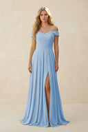 Steel Blue Off-the-Shoulder Pleated A-Line Chiffon Bridesmaid Dress | KISSBRIDAL