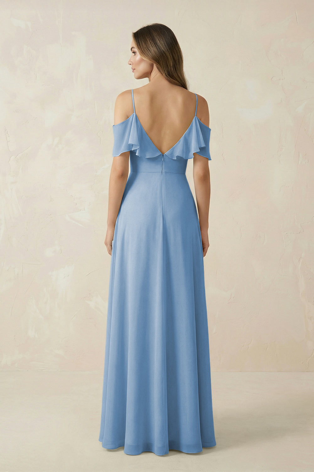 Off-the-Shoulder Ruffled A-Line Chiffon Bridesmaid Dress in Steel Blue