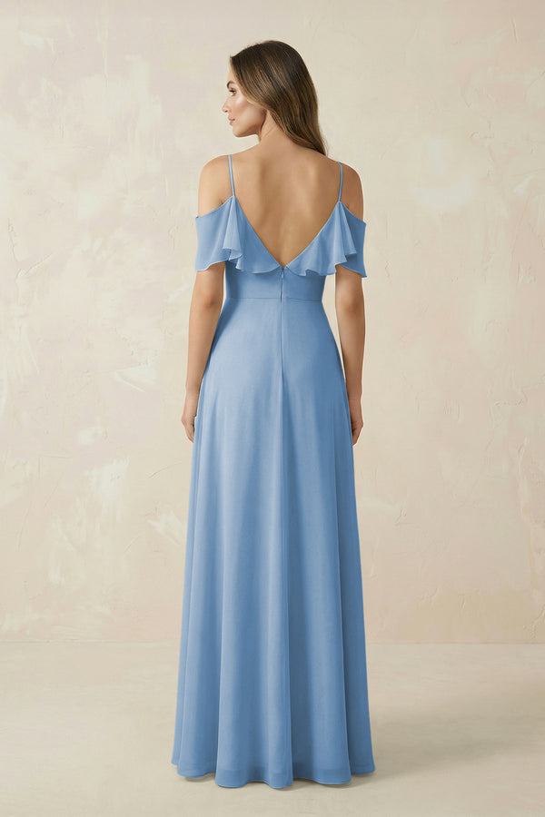Steel Blue Off-the-Shoulder Ruffled A-Line Chiffon Bridesmaid Dress (2) | KISSBRIDAL