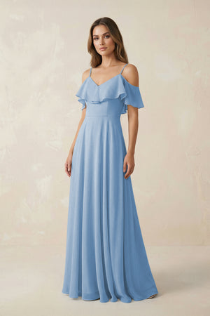 Steel Blue Off-the-Shoulder Ruffled A-Line Chiffon Bridesmaid Dress | KISSBRIDAL