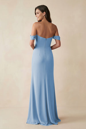 Steel Blue Off-the-Shoulder Sheath Bridesmaid Dress with Slit (2) | KISSBRIDAL