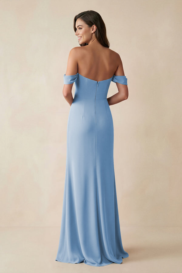 Steel Blue Off-the-Shoulder Sheath Bridesmaid Dress with Slit (2) | KISSBRIDAL