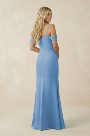 Steel Blue Off-the-Shoulder Sheath Chiffon Ruched Bridesmaid Dress (2) | KISSBRIDAL