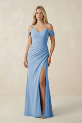 Steel Blue Off-the-Shoulder Sheath Chiffon Ruched Bridesmaid Dress | KISSBRIDAL