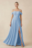 Steel Blue Off-the-Shoulder Sweetheart A-Line Chiffon Bridesmaid Dress | KISSBRIDAL