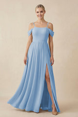 Steel Blue Off-the-Shoulder Sweetheart A-Line Chiffon Bridesmaid Dress | KISSBRIDAL
