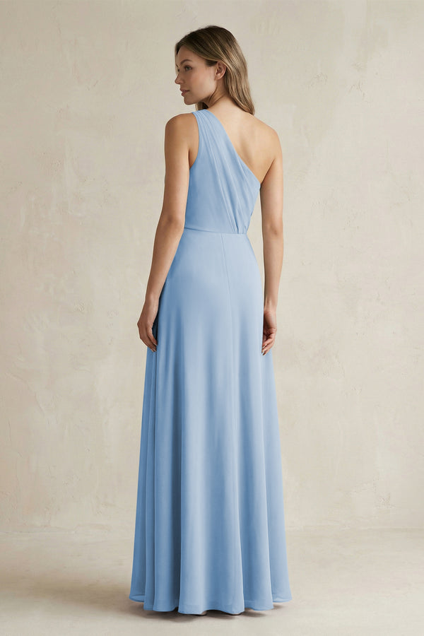 Steel Blue One-Shoulder Chiffon A-Line Bridesmaid Dress With Slit (2) | KISSBRIDAL