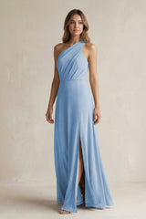 Steel Blue One-Shoulder Chiffon A-Line Bridesmaid Dress With Slit | KISSBRIDAL