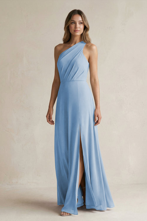 Steel Blue One-Shoulder Chiffon A-Line Bridesmaid Dress With Slit | KISSBRIDAL