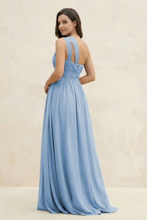Steel Blue One-Shoulder Pleated A-Line Chiffon Bridesmaid Dress (2) | KISSBRIDAL
