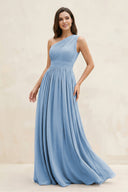 Steel Blue One-Shoulder Pleated A-Line Chiffon Bridesmaid Dress | KISSBRIDAL