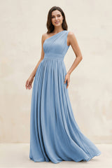 Steel Blue One-Shoulder Pleated A-Line Chiffon Bridesmaid Dress | KISSBRIDAL