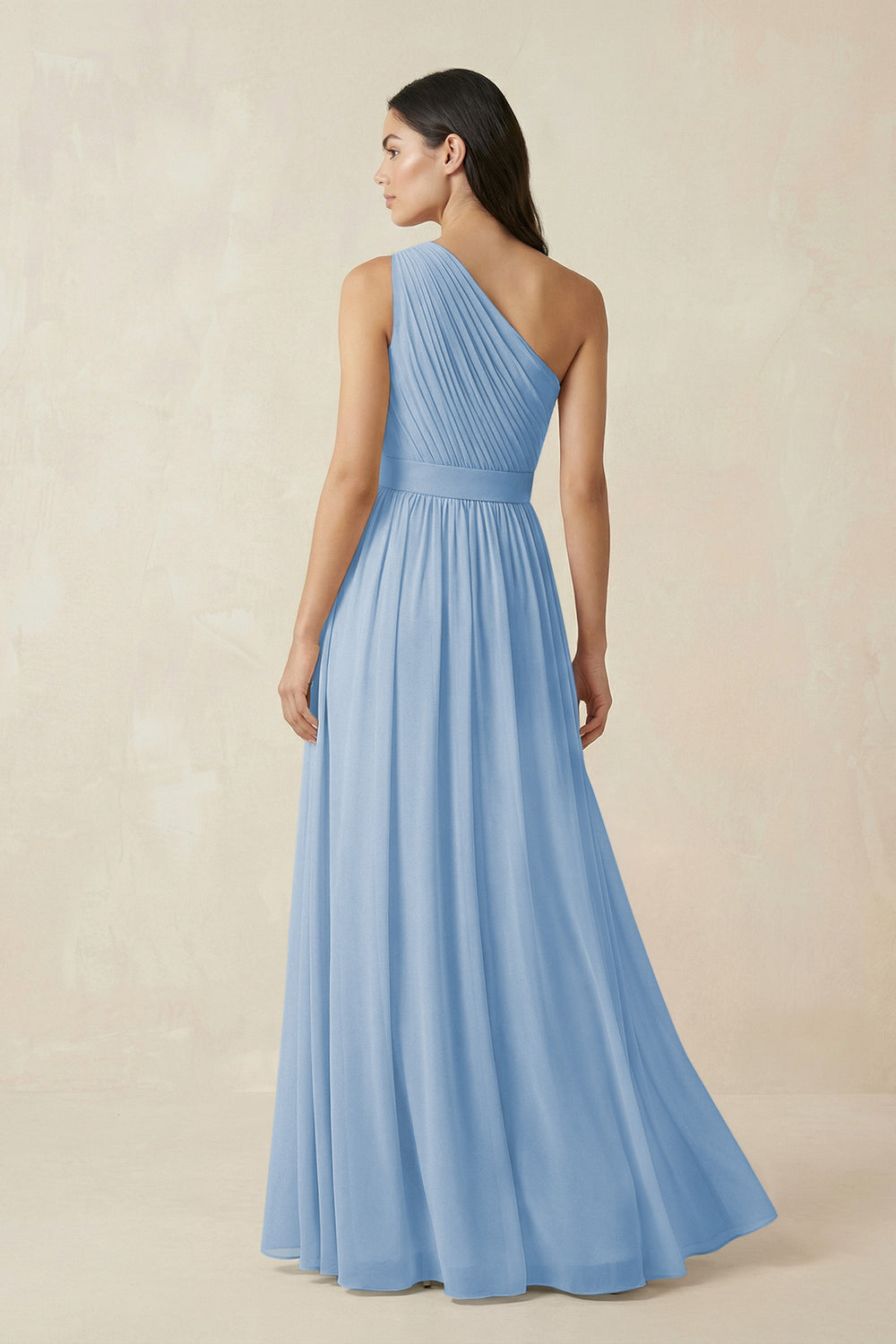One-Shoulder Pleated Chiffon Bridesmaid Gown in Steel Blue
