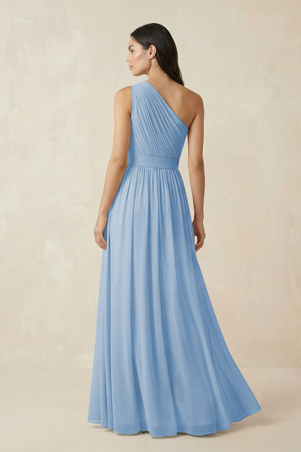 Steel Blue One-Shoulder Pleated Chiffon Bridesmaid Gown (2) | KISSBRIDAL