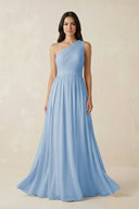 Steel Blue One-Shoulder Pleated Chiffon Bridesmaid Gown | KISSBRIDAL