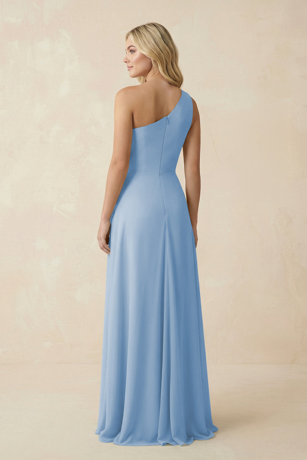 One-Shoulder Ruched A-Line Chiffon Bridesmaid Dress in Steel Blue