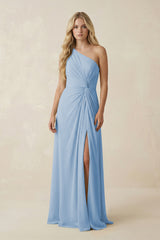 Steel Blue One-Shoulder Ruched A-Line Chiffon Bridesmaid Dress | KISSBRIDAL