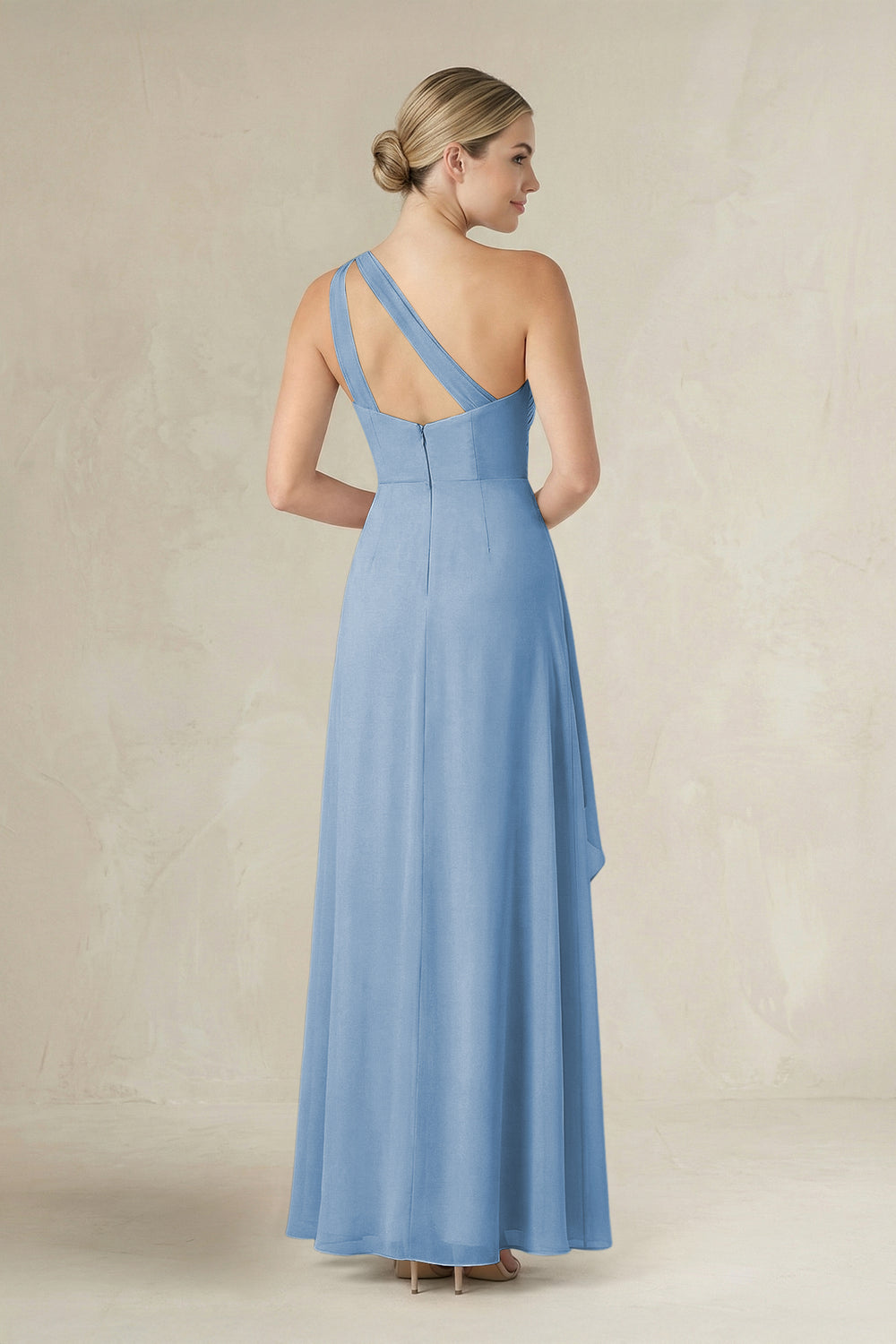 One-Shoulder Sheath Ruched Ruffled Bridesmaid Dress in Steel Blue