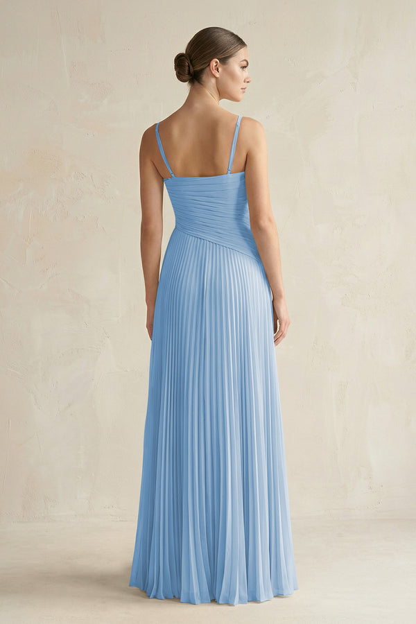 Steel Blue Pleated A-Line Long Chiffon Bridesmaid Dress (2) | KISSBRIDAL