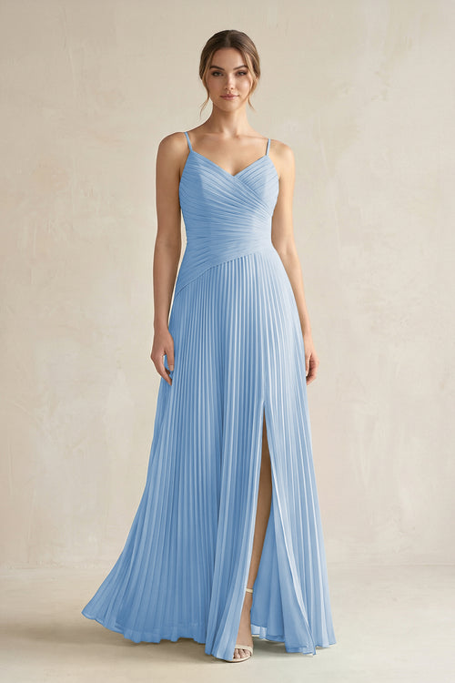 Steel Blue Pleated A-Line Long Chiffon Bridesmaid Dress | KISSBRIDAL