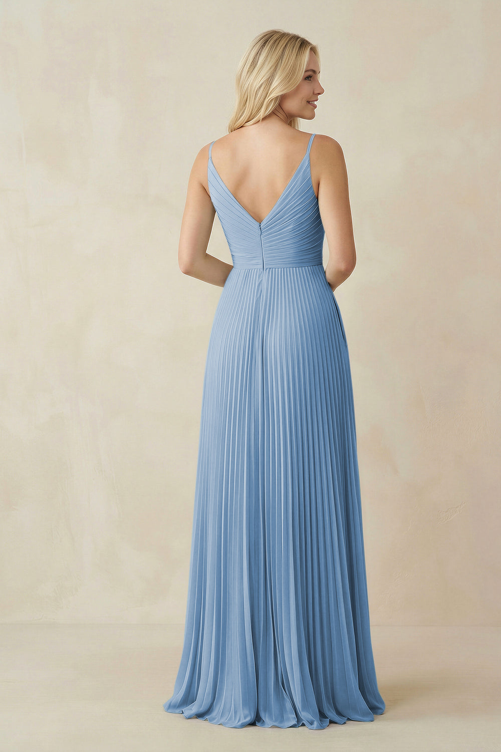 Pleated V-Neck A-Line Chiffon Bridesmaid Dress in Steel Blue
