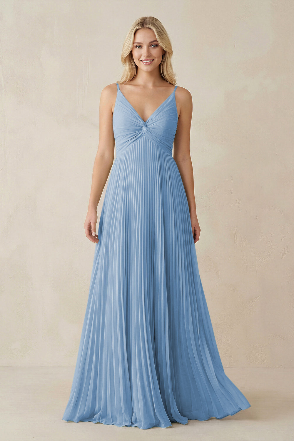 Pleated V-Neck A-Line Chiffon Bridesmaid Dress in Steel Blue