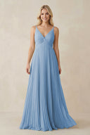 Steel Blue Pleated V-Neck A-Line Chiffon Bridesmaid Dress | KISSBRIDAL