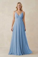 Steel Blue Pleated V-Neck A-Line Chiffon Bridesmaid Dress | KISSBRIDAL