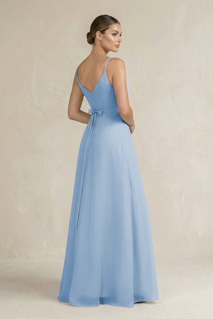 Steel Blue Ruched A-Line Chiffon Bridesmaid Dress with Slit (2) | KISSBRIDAL