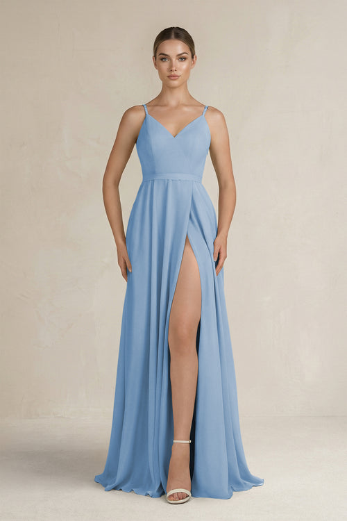 Steel Blue Ruched A-Line Chiffon Bridesmaid Dress with Slit | KISSBRIDAL
