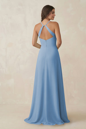 Steel Blue Ruched Sheath Chiffon Bridesmaid Dress (2) | KISSBRIDAL