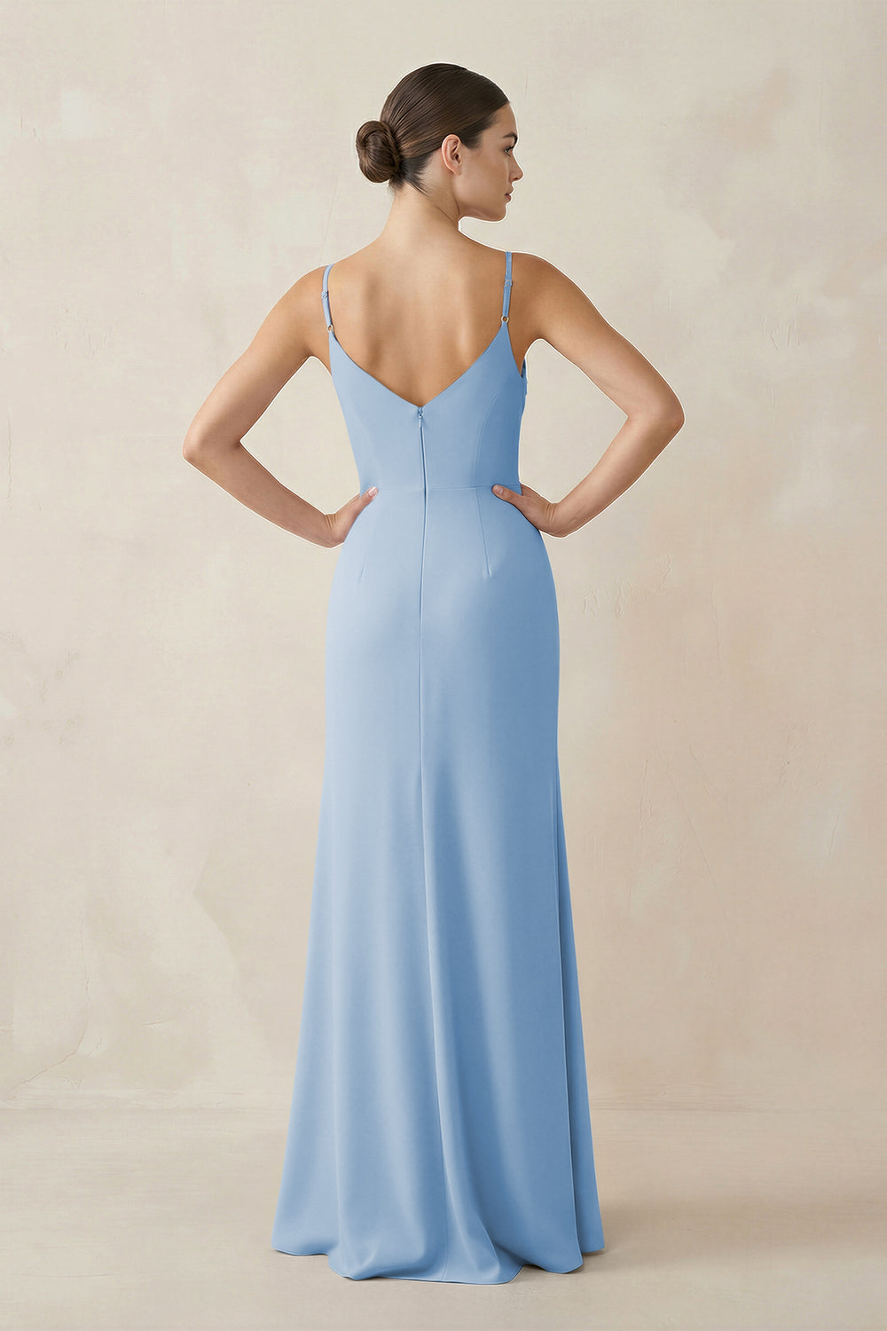 Ruched Sheath Spaghetti Strap Chiffon Bridesmaid Dress in Steel Blue