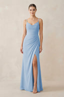 Steel Blue Ruched Sheath Spaghetti Strap Chiffon Bridesmaid Dress | KISSBRIDAL