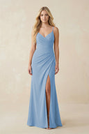 Steel Blue Ruched Sheath Spaghetti Strap Chiffon Bridesmaid Dress | KISSBRIDAL