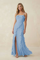 Steel Blue Ruffled Cami Strap Chiffon Sheath Bridesmaid Dress | KISSBRIDAL