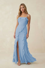 Steel Blue Ruffled Cami Strap Chiffon Sheath Bridesmaid Dress | KISSBRIDAL