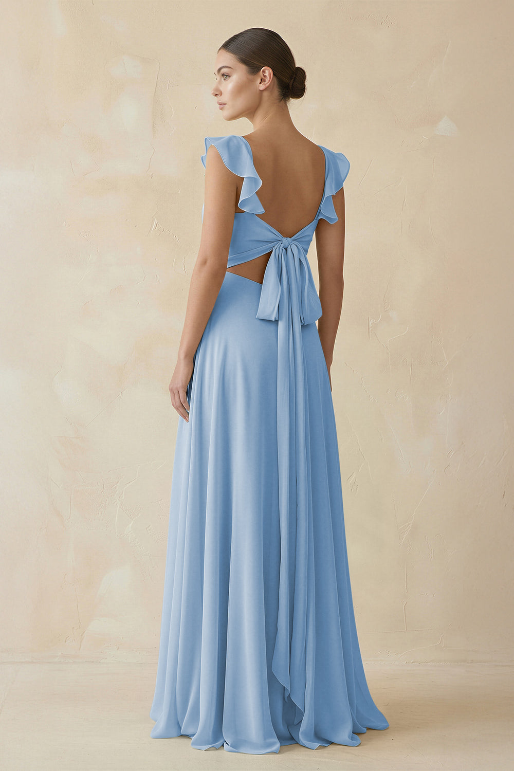 Ruffled Chiffon A-Line Long Bridesmaid Dress in Steel Blue