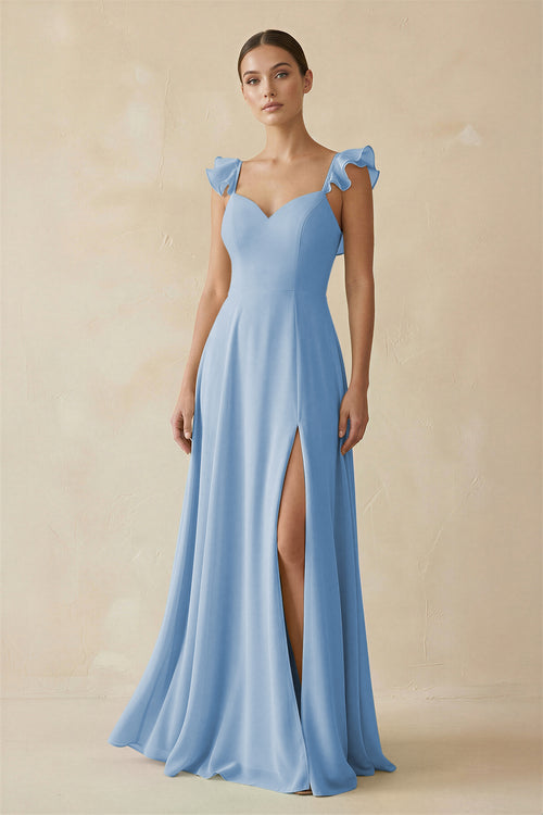 Steel Blue Ruffled Chiffon A-Line Long Bridesmaid Dress | KISSBRIDAL