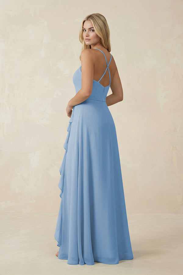 Steel Blue Ruffled Hem A-Line Chiffon Bridesmaid Dress (2) | KISSBRIDAL