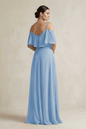 Steel Blue Ruffled Off-the-Shoulder A-Line Chiffon Bridesmaid Gown (2) | KISSBRIDAL