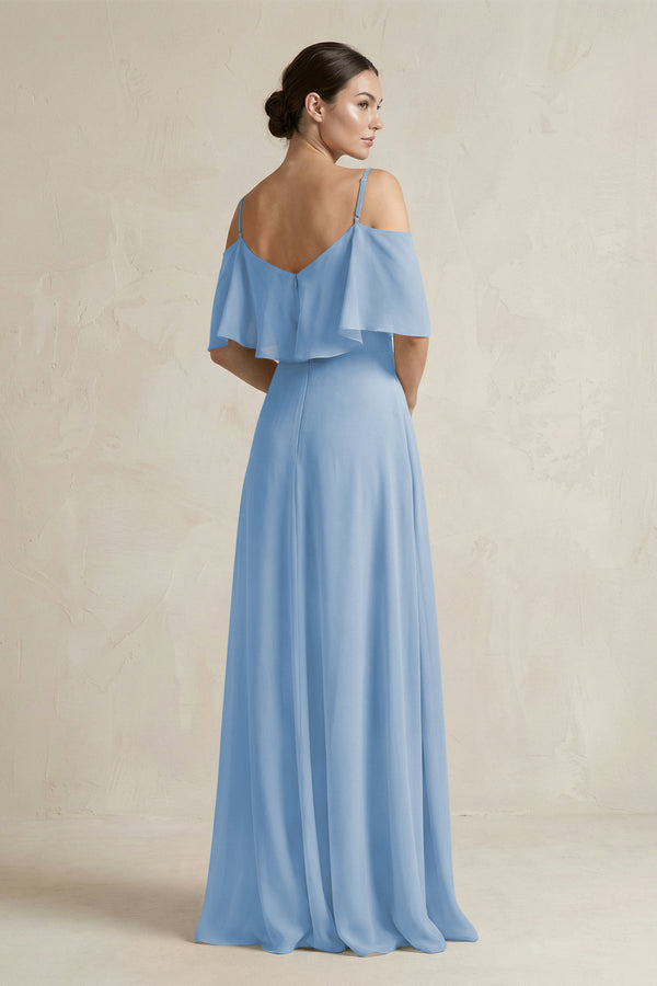 Steel Blue Ruffled Off-the-Shoulder A-Line Chiffon Bridesmaid Gown (2) | KISSBRIDAL