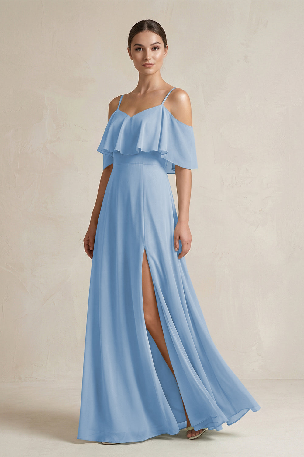 Ruffled Off-the-Shoulder A-Line Chiffon Bridesmaid Gown in Steel Blue