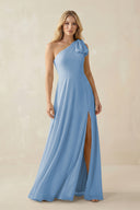 Steel Blue Ruffled One Shoulder Chiffon Bridesmaid Dress With Slit in Steel Blue | KISSBRIDAL
