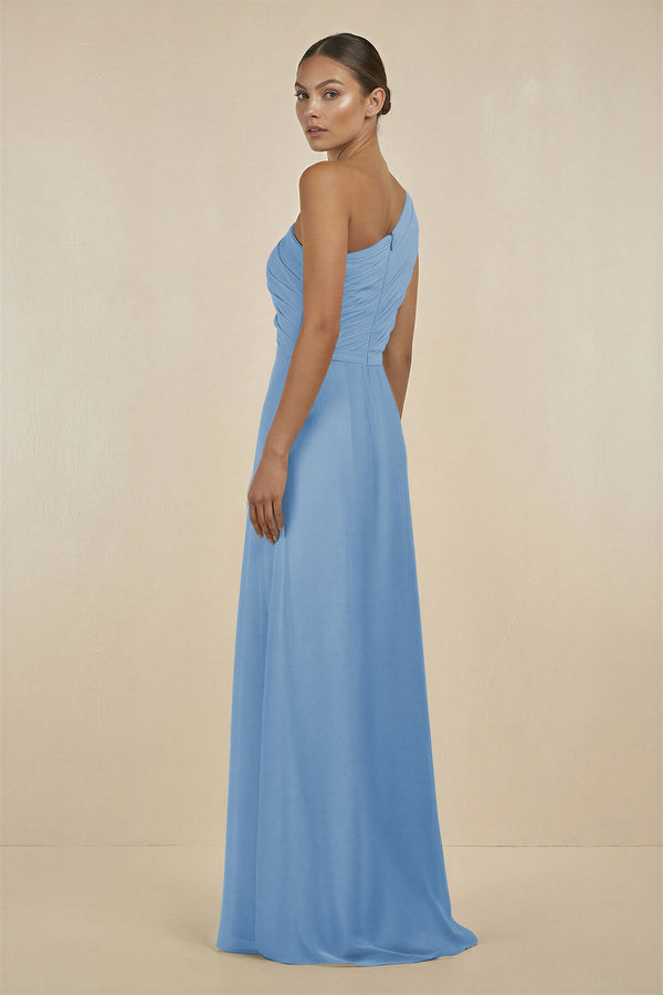 Steel Blue Ruffled One-Shoulder Pleated Sheath Bridesmaid Dress (2) | KISSBRIDAL