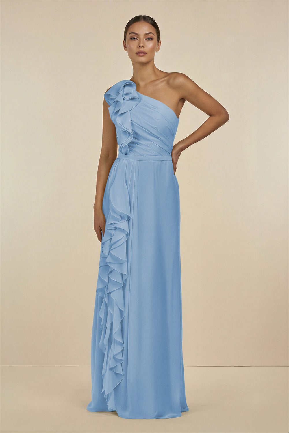 Ruffled One-Shoulder Pleated Sheath Bridesmaid Dress in Steel Blue