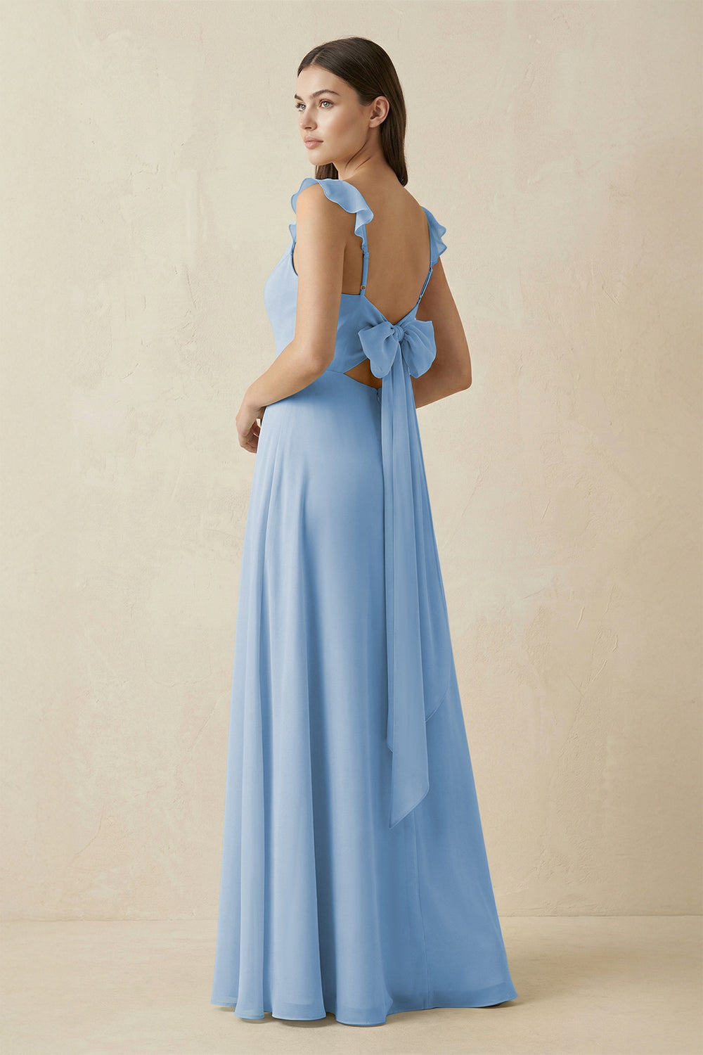 Ruffled Sleeve A-Line Chiffon Bridesmaid Dress in Steel Blue