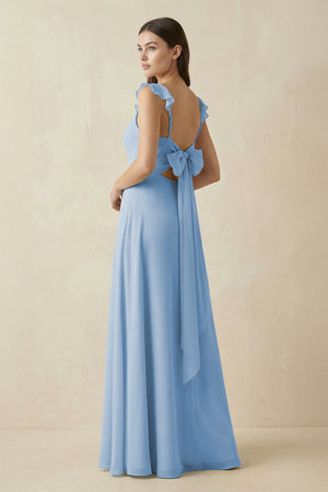 Steel Blue Ruffled Sleeve A-Line Chiffon Bridesmaid Dress (2) | KISSBRIDAL