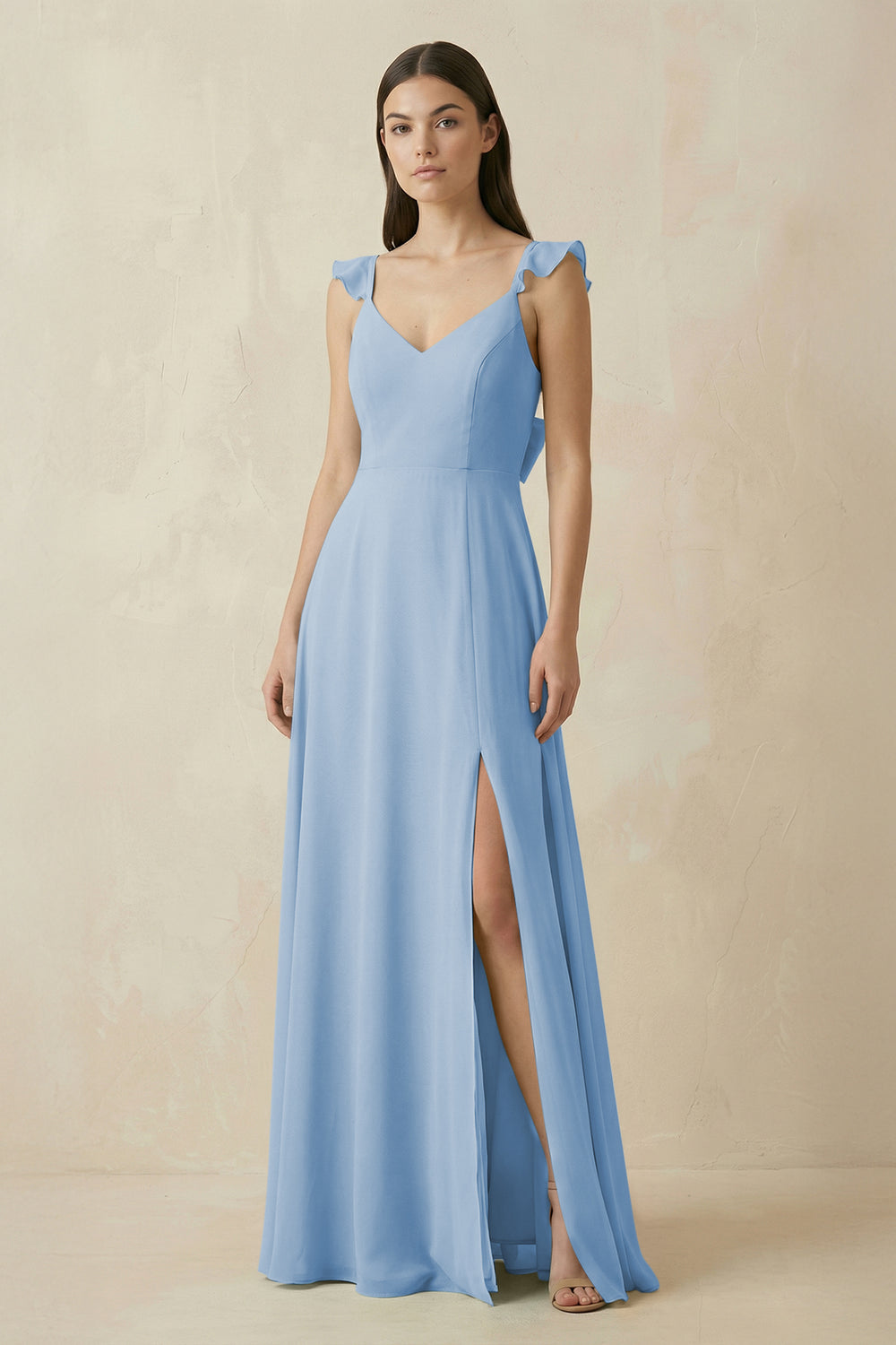 Ruffled Sleeve A-Line Chiffon Bridesmaid Dress in Steel Blue
