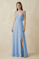 Steel Blue Ruffled Sleeve A-Line Chiffon Bridesmaid Dress | KISSBRIDAL